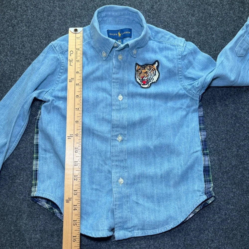 Ralph Lauren Button Down Shirt Kids 3T Blue Excellent Tiger Plaid Denim Flannel